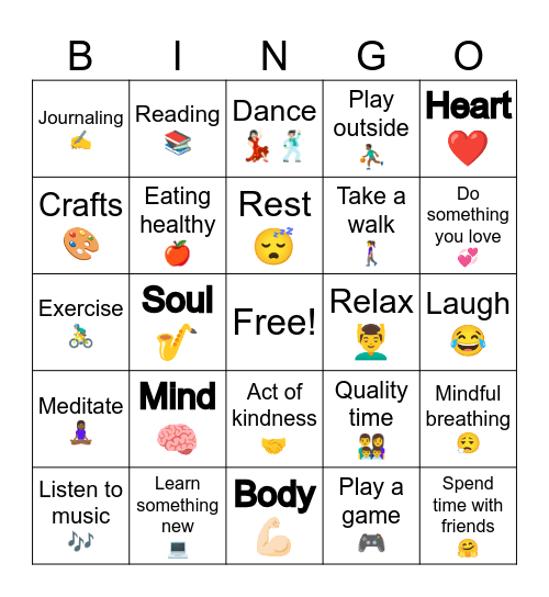 Healthy Body/Mind Bingo Card