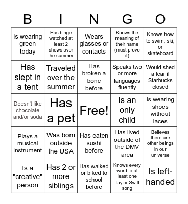 Getting to Know YOU! Bingo Card