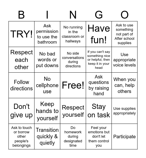 Classroom Expectations Bingo Card