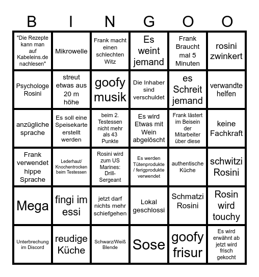 Rosins Restaurant Bingo Card