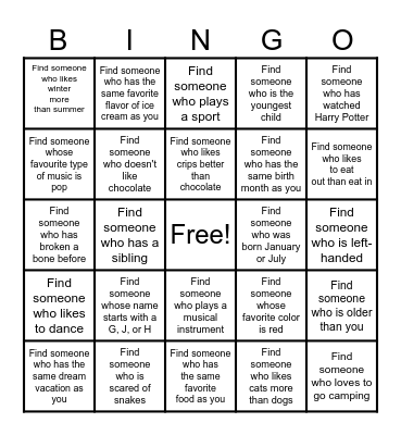 Get to Know Each Other Bingo Card