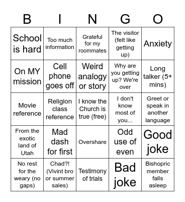 BYU YSA testimony bingo Card