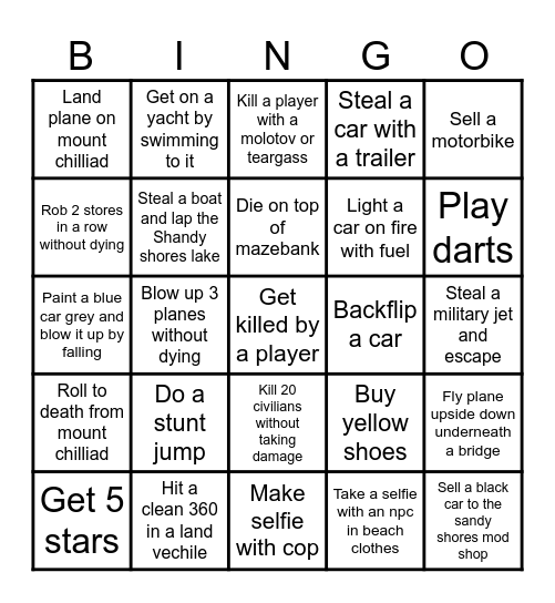 GTA 5 bingo Card