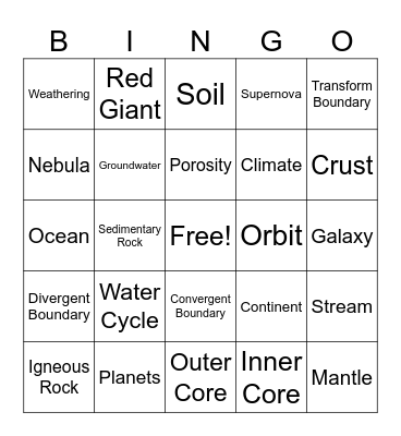 Earth and Space Science Bingo Card