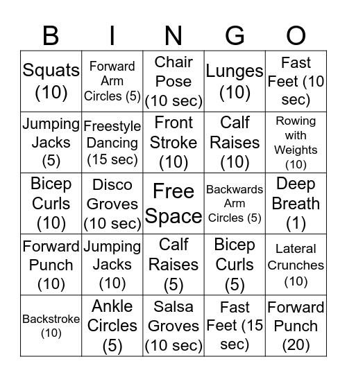 Fitness Bingo Card