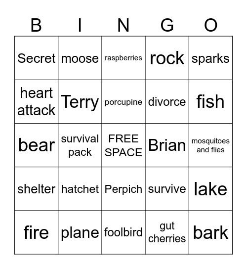 Hatchet up to Chapter 14 Bingo Card