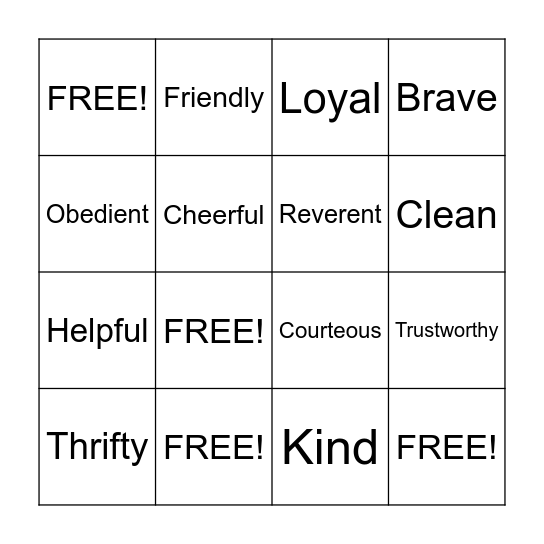 Scout Laws Bingo Card