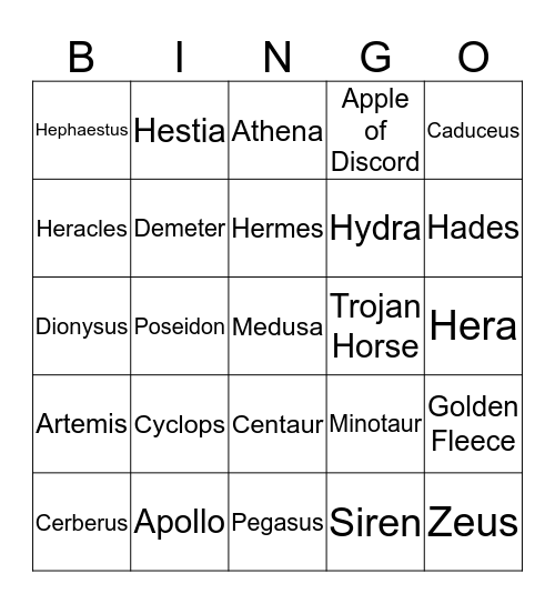 Greek Gods and Creatures Bingo Card