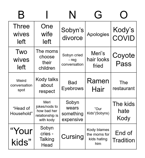 Sister Wives Bingo Card