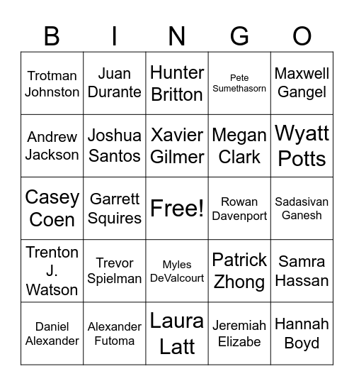 SRT Name Game Bingo Card