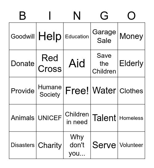 Helping Hands Bingo Card