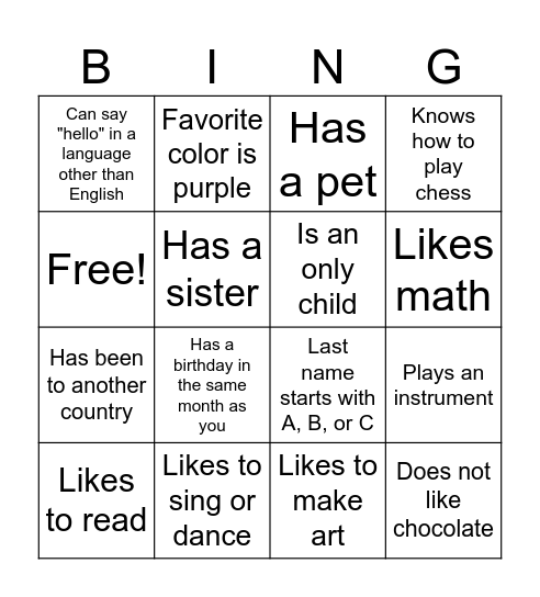 Class Bingo Card