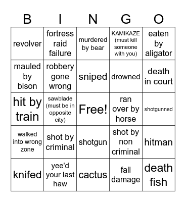 Wild west death Bingo Card