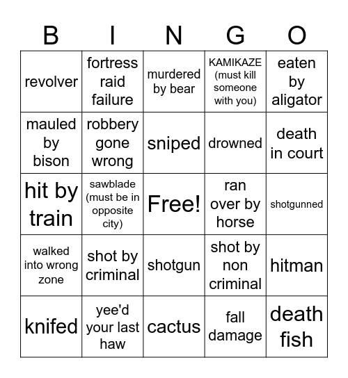 Wild west death Bingo Card