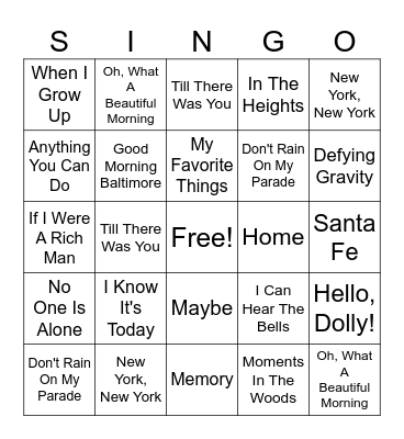 Broadway Singo Bingo Card
