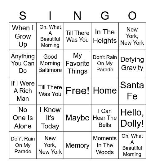 Broadway Singo Bingo Card
