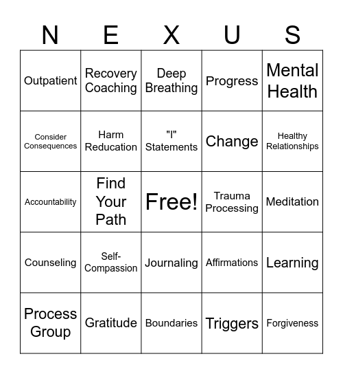 Recovery Month Bingo Card