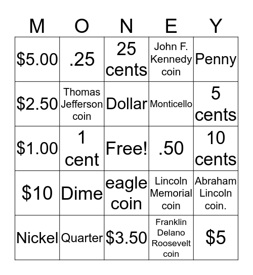 MONEY BINGO Card