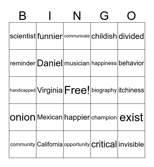 Different Sounds for i Bingo Card