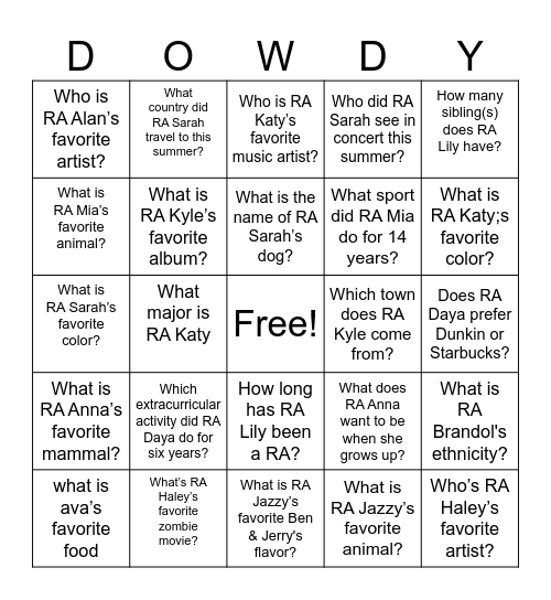 Howdy D.O.W.D.Y Bingo Card