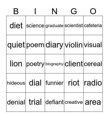Vowel Split Bingo Card