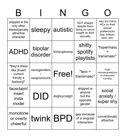 Shitty Headcanons Bingo Card