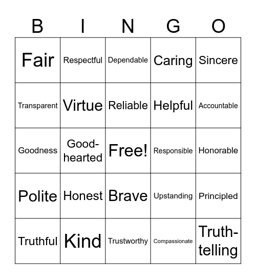 Integrity Bingo Card