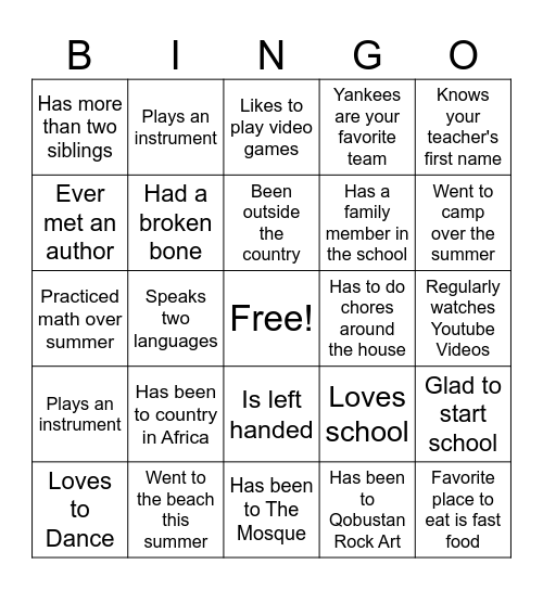 First Day of School Bingo Card