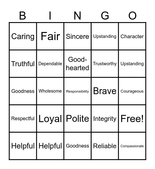 Integrity Bingo Card