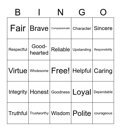 Integrity Bingo Card