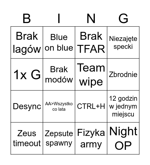 Jasna Arma 3 Bingo Card