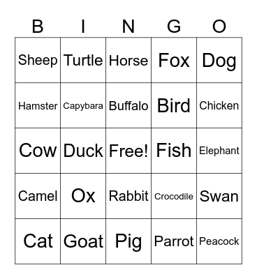 Animals Bingo Card