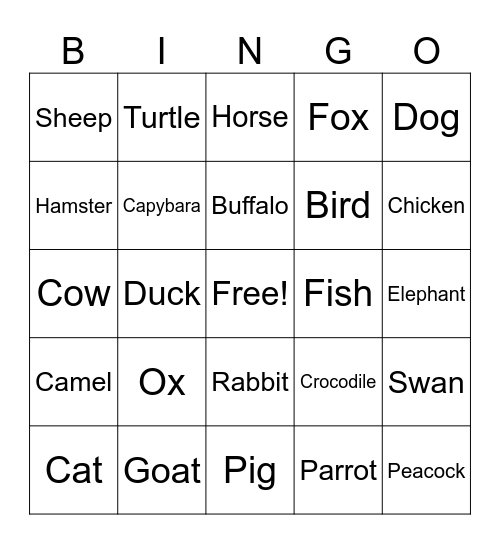 Animals Bingo Card