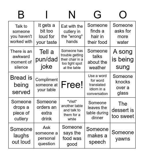 Dinner Bingo Card