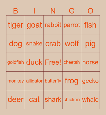 Animals Bingo Card
