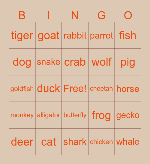 Animals Bingo Card