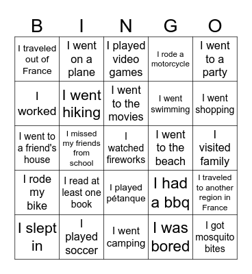 What Did You Do This Summer? Bingo Card