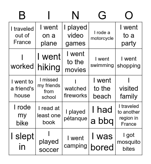What Did You Do This Summer? Bingo Card