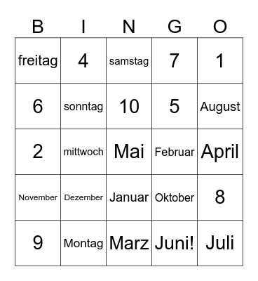 Days and Months Bingo Card