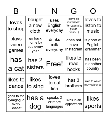 Getting To Know You ESL Level 3 Bingo Card