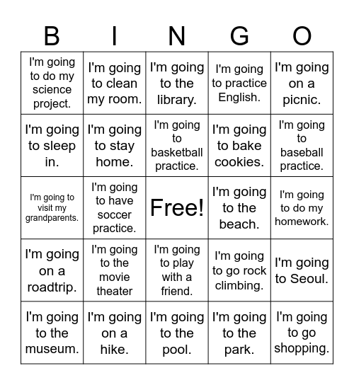 What are you going to do this weekend? Bingo Card