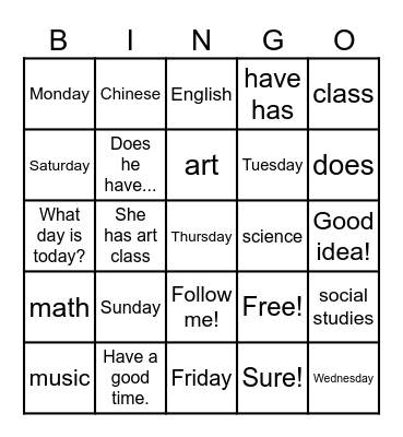 School 1 Bingo Card