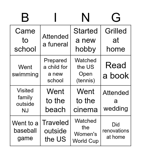 Faculty Summer Bingo Card