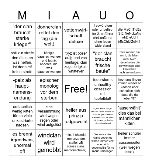 Warrior Cats Bullshit Bingo Card