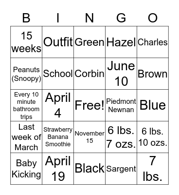 Sadie's Baby Shower Bingo Card
