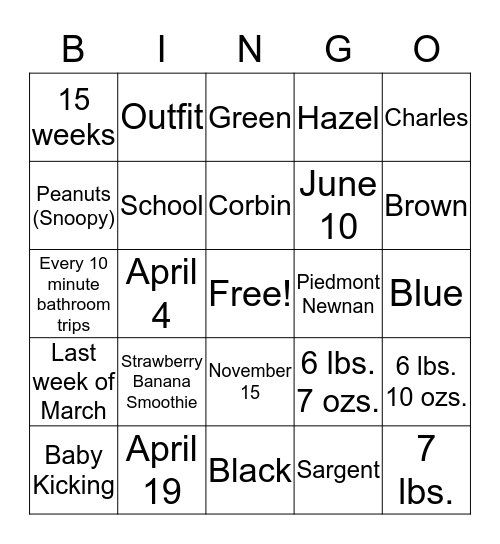 Sadie's Baby Shower Bingo Card