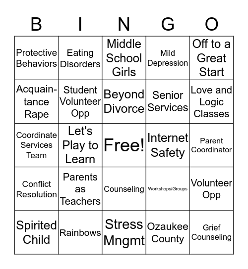 Ozaukee Family Services Bingo Card