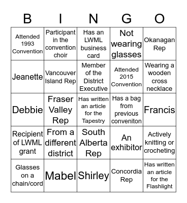 LWML ABC District Convention 2016 Bingo Card