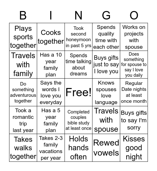 Couples Bingo Card