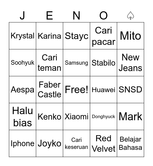 Jeno Bingo Card